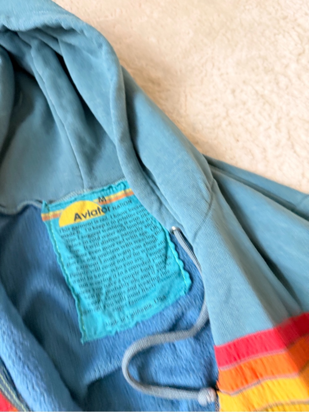 Aviator Nation Light Blue Zip Hoodie with Rainbow Chest Stripes - Picture 5 of 6